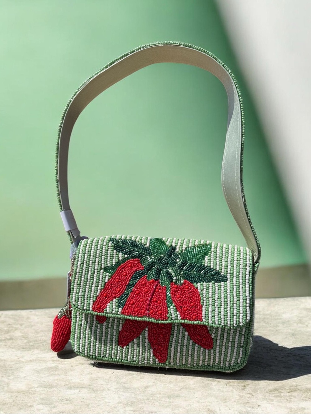 Extra Rare Beaded Shoulder Bag with Red Pepper Motif Anthropologie Fiona Style